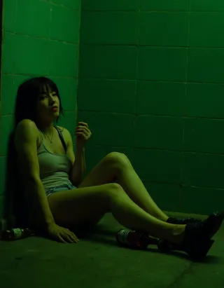 Young woman with short black hair wearing a tank top and shorts, sitting drunk against a green tiled wall on a concrete floor in an underground club, with empty beer bottles nearby.