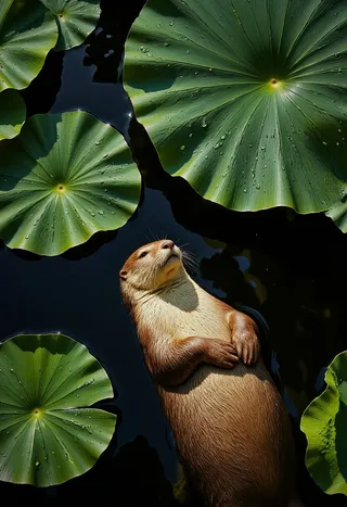 A hyper-realistic close-up of an otter floating on its back in calm water, surrounded by large green Victoria Amazonica lily leaves with water droplets, viewed from above.