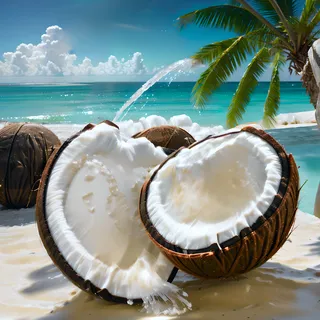 Close-up of a split coconut with water splashing out, set on a sandy beach with palm leaves and turquoise ocean in the background under a bright sun flare.