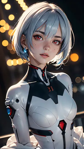 Portrait of a girl with short silver hair and red eyes wearing a high-tech white Evangelion suit, posed dynamically with a bokeh light background.