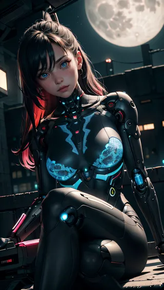 A highly detailed cyberpunk cyborg girl with mechanical arms, glowing blue patterns on her suit, sitting under moonlight in a dark urban dystopian environment.