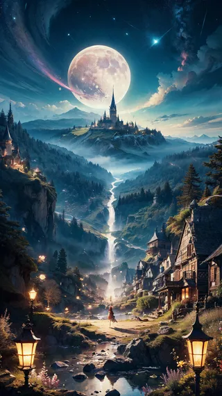 A stunning fantasy landscape showing a large illuminated moon above a distant castle perched on a mountain, cascading waterfall flowing through a lush valley surrounded by village houses and glowing lampposts under a starry night sky.