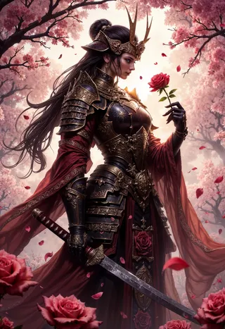 A female ronin dressed in ornate samurai armor stands in a blooming cherry blossom field, holding a single red rose and a katana by her side.