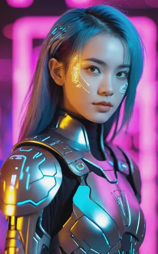 Portrait of a futuristic girl with metallic hair wearing cybernetic armor, glowing digital glyphs on her face, set against a neon-lit background.