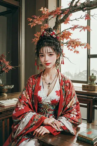 A woman wearing a red floral kimono sits indoors near a wooden table with books, adorned with jewelry and a detailed hair ornament, with red maple leaves behind her.