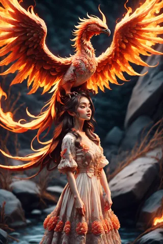 A fiery phoenix with spreading wings perched above a girl in a long, embroidered dress standing on a rocky cliff with a dark, dramatic background.