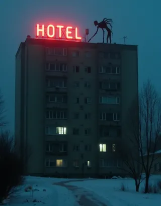 Soviet-style apartment building at night with red LED hotel sign and a large dark figure with long limbs climbing on the roof, snowy ground and fog surrounding.