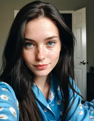 Close-up selfie of a young woman with black hair, blue eyes, freckles, and slight smile wearing blue pajamas with a fruit pattern in natural home lighting.