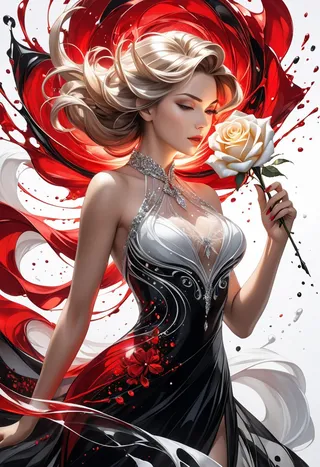 Hyper realistic glass art of an elegant woman with flowing blonde hair, wearing an intricate black dress with silver details, holding a glowing white rose, surrounded by dynamic red and black ink splatter patterns.