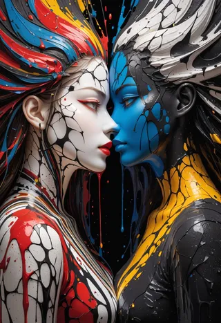 Two faces in close profile, one side human with cracked white, red, and black paint, the other side a blue and yellow abstract cracked texture, both with drip and splatter paint effects.