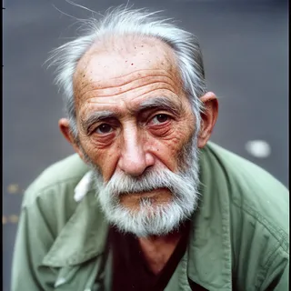 Closeup detailed portrait of a homeless elderly man with white hair and beard, sitting on a street, captured with Kodak Portra film style.