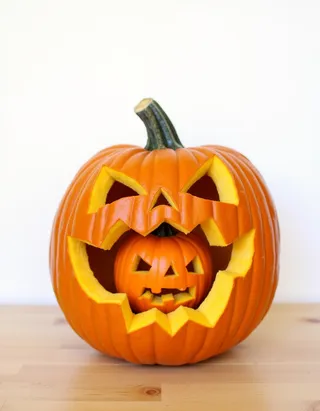 A large carved pumpkin with a jagged mouth and triangular eyes, containing a smaller carved pumpkin inside its mouth, placed on a wooden table with a white background.