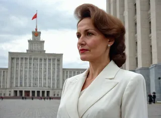 A middle-aged Russian woman with brown hair in a white formal suit stands confidently outside a Soviet-era government building under a cloudy sky, looking to the side.