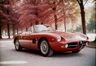Red classic Alfa Romeo convertible sports car parked on a tree-lined road with autumn-colored foliage, captured in a romanticized photographic portrait style.