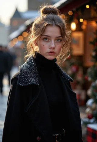 Portrait of a young woman with freckles and blue eyes wearing a black winter coat with snow on the collar, standing at a Christmas market on a snowy winter morning.
