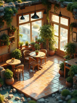 Cozy isometric cafe interior filled with numerous green plants, illuminated by warm ambient light reflecting off a shiny tile floor, with wooden furniture and detailed decor.