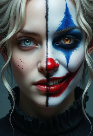 Realistic digital painting of a woman with half her face natural and blond hair, and the other half painted as a sinister clown with vibrant blue and red makeup.