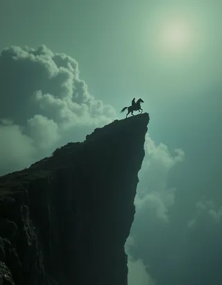Silhouette of a person riding a horse standing on the edge of a steep cliff against a backdrop of dramatic foggy sky and bright sunlight, evoking mysticism and surrealism.