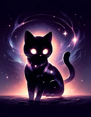 A cosmic cat silhouette with deep black skin, glowing eyes, and nebula-like patterns glowing with stars set against a celestial cosmic background.