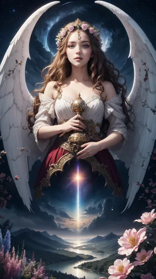 A celestial angel with long wavy hair, a flower crown, and large white wings holds an ornate sword glowing with cosmic light against a night sky over a detailed landscape.