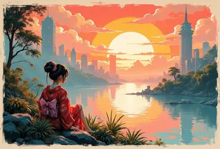 A woman dressed in a red kimono with a large bow sits on rocks by a riverside, gazing at a glowing orange and pink sunset with a futuristic cityscape and lush plants surrounding the peaceful river.