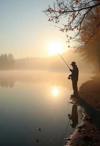A man fishing by a foggy lakeside on an autumn morning with sunlight shining through the fog, surrounded by trees with autumn leaves.