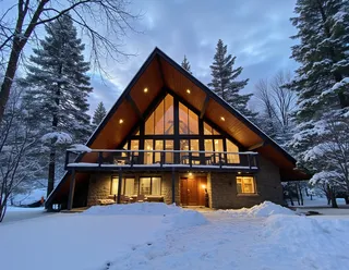 Contemporary triangular shaped house with large porch and warm indoor lighting in a snowy forest under dusk sky.