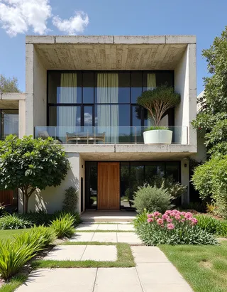 Exterior view of a modern Eco Brutalist mansion made of concrete with large floor-to-ceiling windows, surrounded by lush greenery and flowering plants under a sunny blue sky.