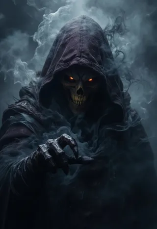 A hooded figure with a sinister yellow skull face and glowing orange eyes reaches forward through swirling dark fog and magical smoke.