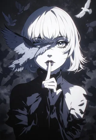 Anime portrait of a white-haired woman with a pigeon wing covering one eye, holding a finger to her lips in a shushing gesture, surrounded by flying pigeons against a dark gray background.