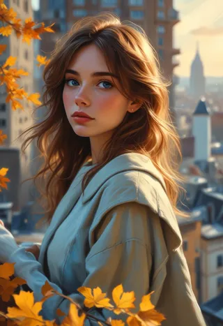 Portrait of a young girl with light-blue eyes and flowing hair standing on a city rooftop during a warm autumn sunrise, surrounded by golden leaves and soft bokeh.