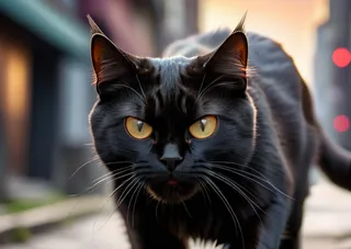 Close-up of an angry black cat with intense yellow eyes walking towards the camera in a dramatic urban city background.