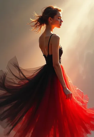 A fashion model in an elegant red and black flowing dress illuminated by dramatic lighting, standing in a soft bokeh ethereal atmosphere with motion in the garment and golden ratio composition.