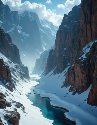 Snow-covered mountain valley with a narrow blue river winding through steep rocky cliffs under a partly cloudy sky.
