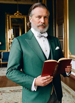 Middle aged man dressed in formal 1800s Russian noble outfit holding a book in an ornate royal palace interior.