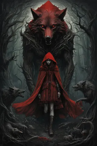 A dark fantasy scene of Little Red Riding Hood in a red cloak standing in a mysterious forest with a giant primordial wolf with glowing red eyes behind her and smaller wolves surrounding.