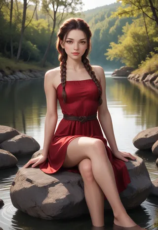 Realistic woman with braided hair wearing a red dress sitting cross-legged on a large rock by a river surrounded by trees in soft light