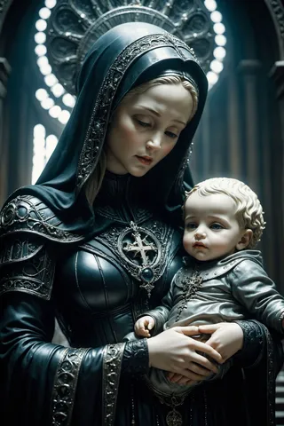 Highly detailed religious art depicting Madonna holding Child with intricate Gothic black attire and metallic ornamentation in moody cinematic lighting.