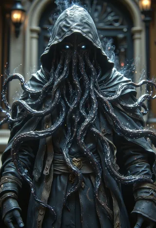A hooded figure with glowing eyes and a grotesque tentacled face wearing a dark leather jacket in a foggy atmospheric setting with long sinuous tentacles.