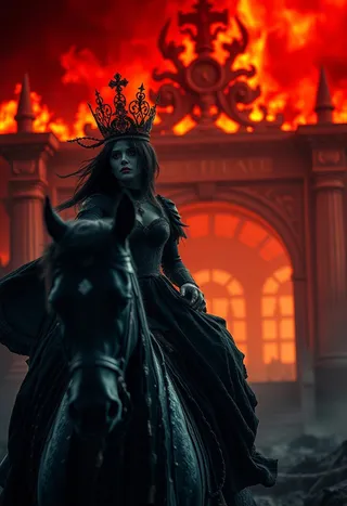 A dark fantasy scene showing a mysterious woman wearing a glass crown riding a dark horse, with blazing gates of hell flaming in the background, cinematic and highly detailed.