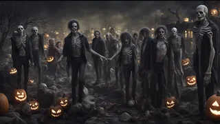 Photorealistic scene of undead characters including zombies and skeletons walking through a spooky Halloween cemetery filled with glowing jack-o'-lantern pumpkins and desiccated trees in a dark, foggy atmosphere.