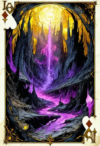 Playing card illustration featuring a sphere of oblivion with roiling purple energy in a dark abyssal chasm, rendered in stained glass style with sharp details and dramatic lighting.