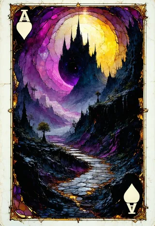 Intricately detailed stained glass playing card design featuring a dark chasm and a black hole singularity with glowing purple, yellow, and magenta hues.