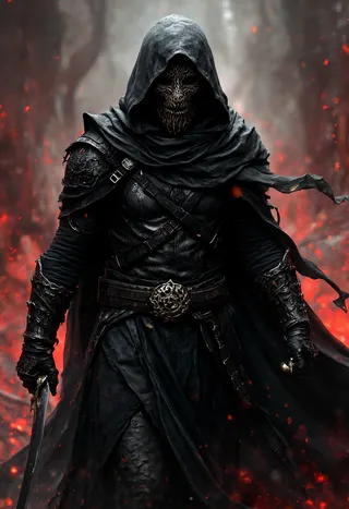 A dark fantasy rogue cloaked in shadows wearing intricate leather armor and a thorn-patterned mask, holding twin daggers amidst glowing embers.