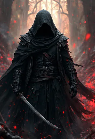 A dark fantasy scene featuring a hooded, shadowed assassin clad in detailed black armor holding a sword, standing in a forest with glowing red embers and low light.
