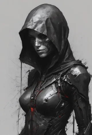 Detailed digital artwork of a hooded, masked woman assassin wearing futuristic cyber armor with black and red highlights.