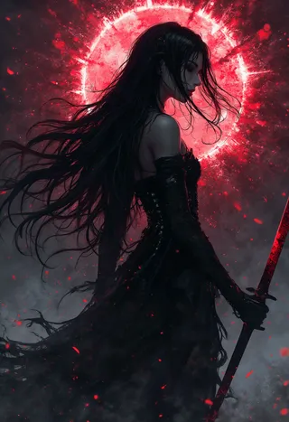 불타는 붉은 달을 배경으로 피처럼 붉은 검을 들고 있는 유령처럼 창백한 피부와 흩날리는 긴 검은 머리카락을 지닌 다크 판타지 캐릭터 아카네.