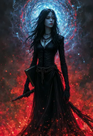 A dark fantasy Chaos Sorceress with pale skin and long black hair, wearing dark robes and holding a staff and spellbook, surrounded by vivid magical aura.