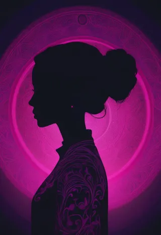Silhouette of a woman in profile with hair in a bun, illuminated by vibrant magenta light forming a detailed circular portal with ornate patterns on a dark background.