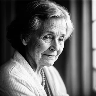 Black and white analog photo showing a closeup of an 80-year-old granny's wrinkled face illuminated by a straight beam of sunlight.